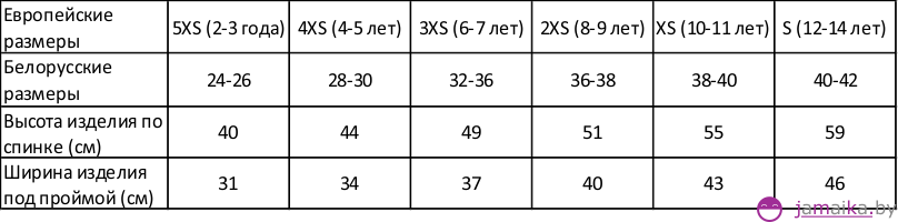 таблица размеров для именных и фамильных детских маек