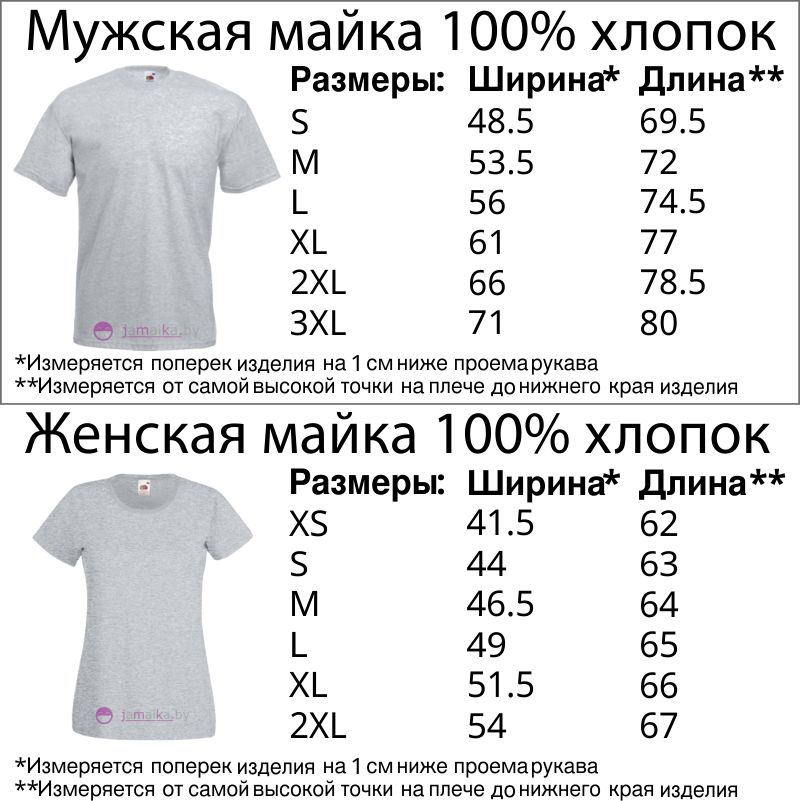 таблица размеров для мужских и женских маек или футболок