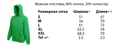 таблица размеров для именных и фамильных мужских толстовок 80/20