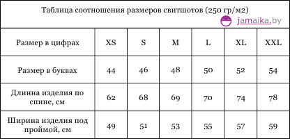 таблица размеров для именных или фамильных свитшотов унисекс 250 гр.м2 100% хлопок