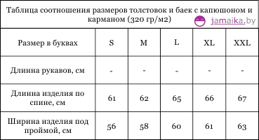 таблица размеров для именных толстовок или баек с капюшоном и карманом 320 гр.м2 100% хлопок